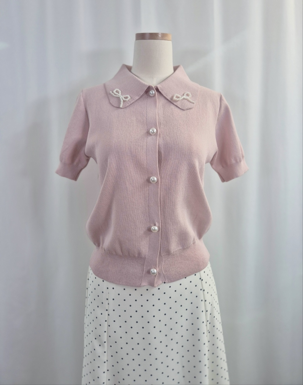 エコパールカラーパール調ボタンパフスリーブ半袖カーディガン | 詳細画像15