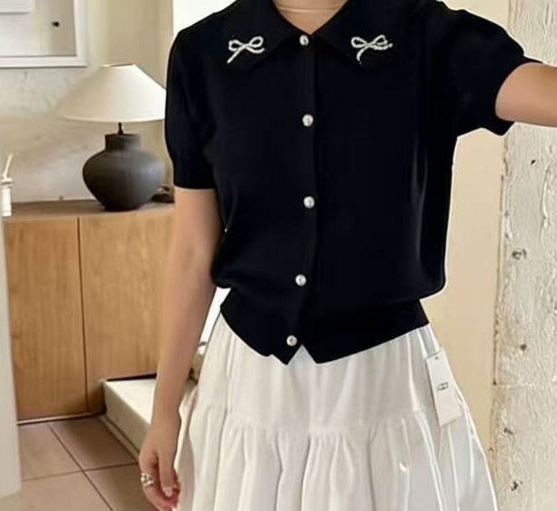 エコパールカラーパール調ボタンパフスリーブ半袖カーディガン | 詳細画像3