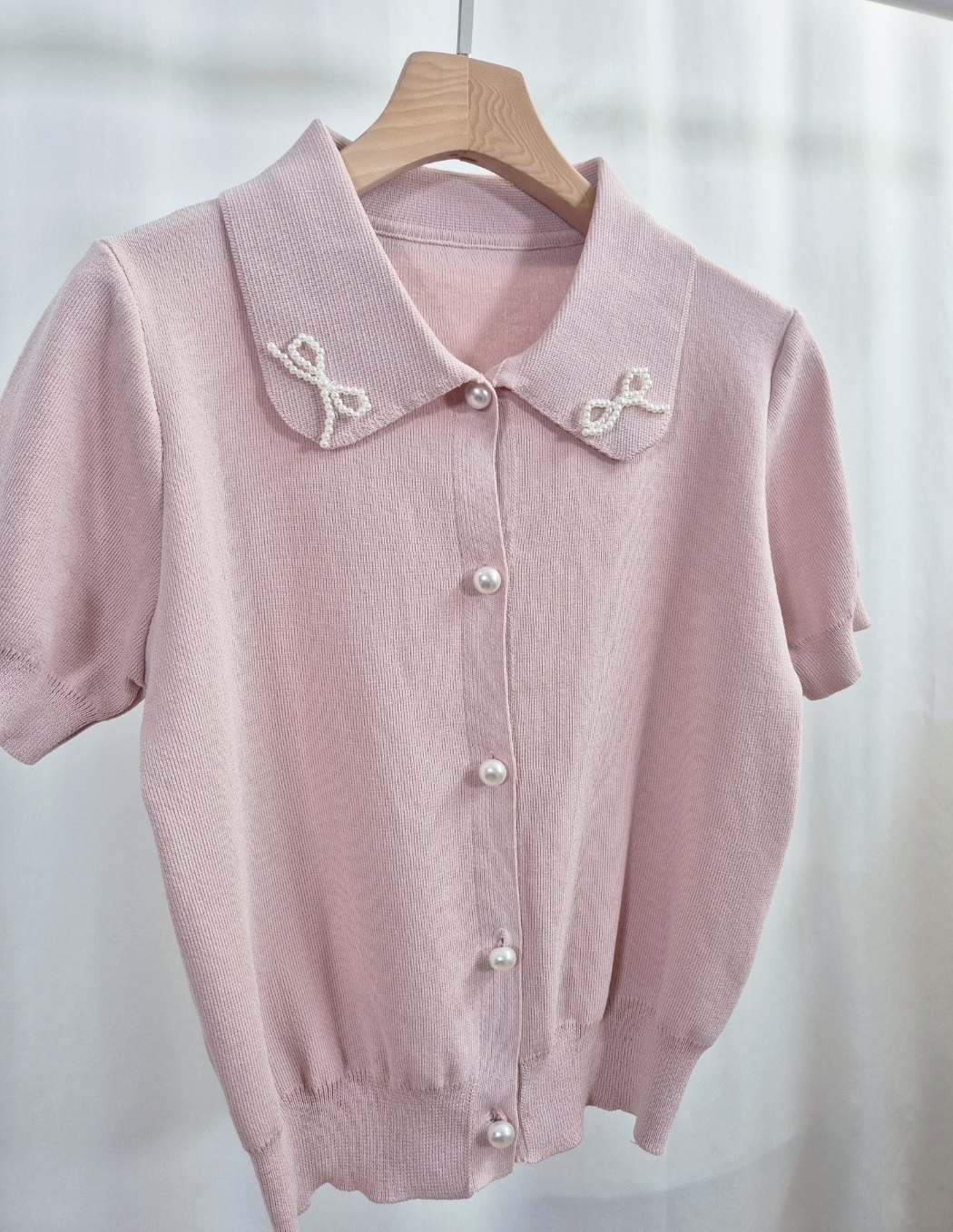 エコパールカラーパール調ボタンパフスリーブ半袖カーディガン | 詳細画像13