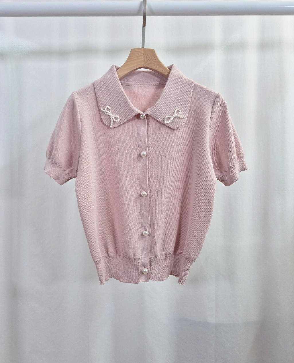 エコパールカラーパール調ボタンパフスリーブ半袖カーディガン | 詳細画像12