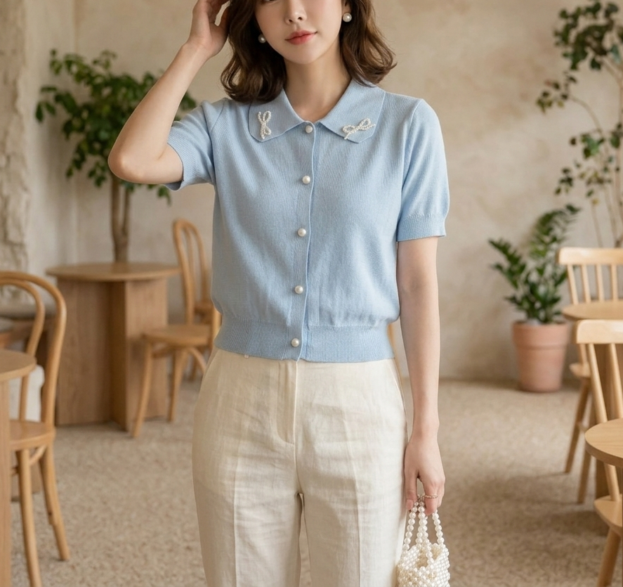 エコパールカラーパール調ボタンパフスリーブ半袖カーディガン | 詳細画像4