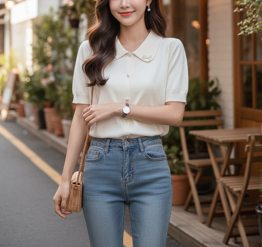 エコパールカラーパール調ボタンパフスリーブ半袖カーディガン | 詳細画像2