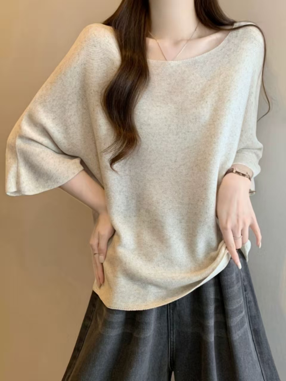 リネン混ボートネックドルマンルーズ7分袖ニット | 詳細画像3