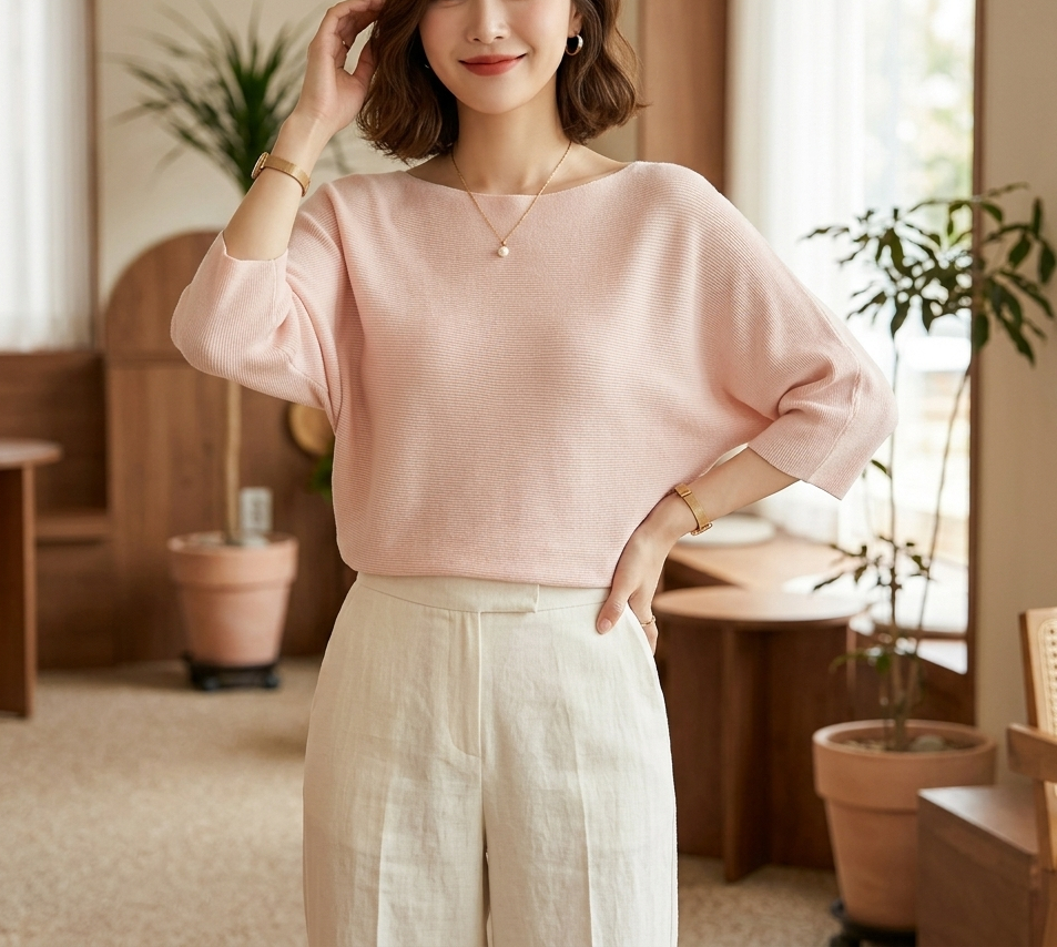 リネン混ボートネックドルマンルーズ7分袖ニット | 詳細画像5