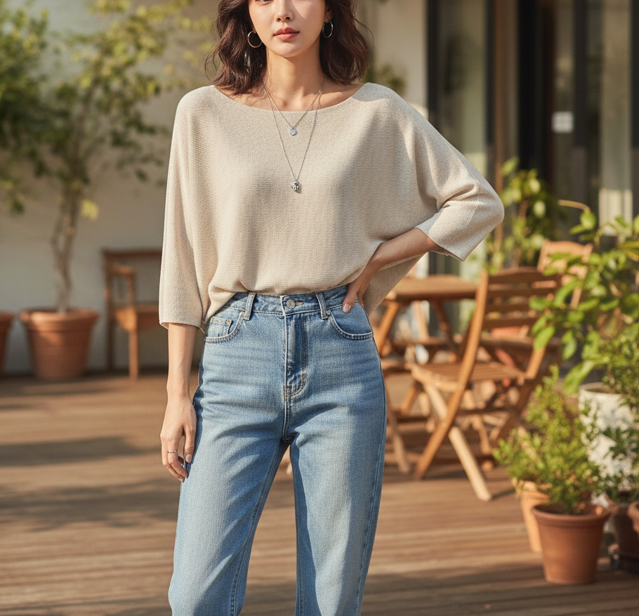 リネン混ボートネックドルマンルーズ7分袖ニット | 詳細画像12