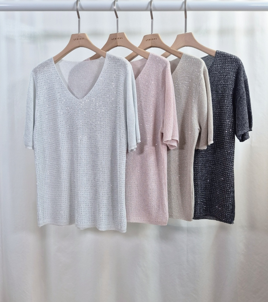 スパンコールVネックルーズ半袖ラインストーンニット | 詳細画像10