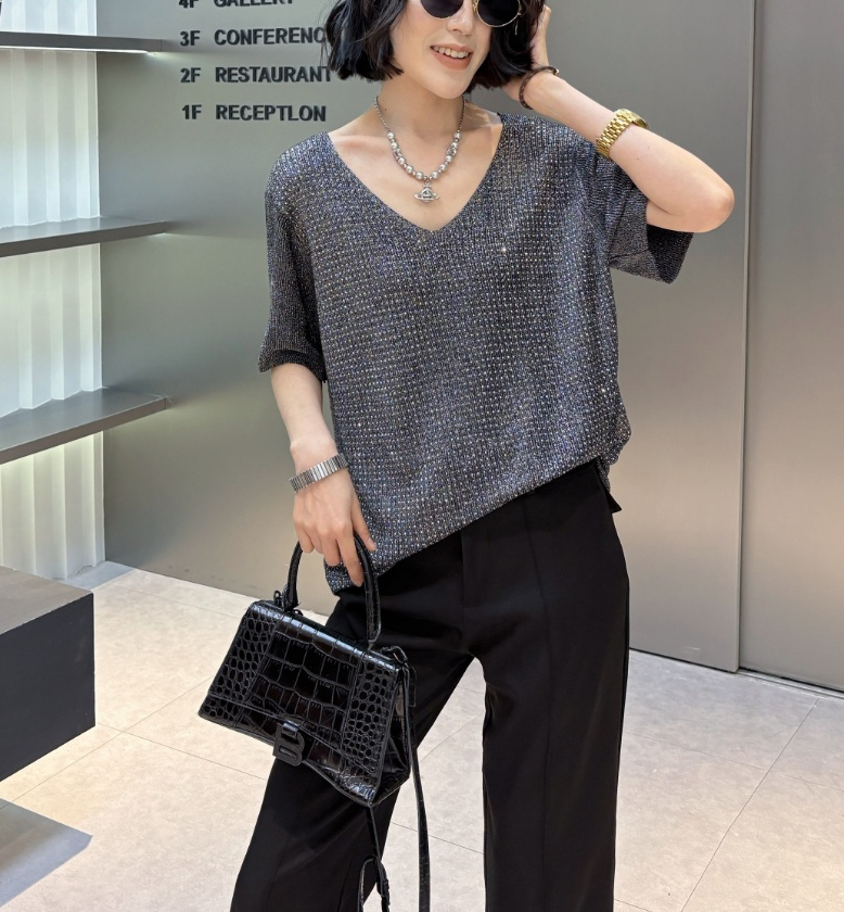 スパンコールVネックルーズ半袖ラインストーンニット | 詳細画像6