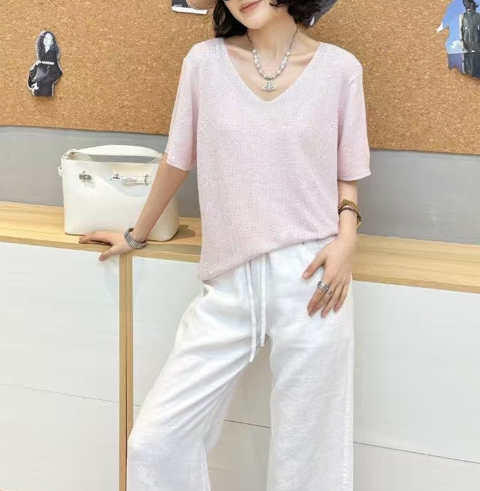 スパンコールVネックルーズ半袖ラインストーンニット | 詳細画像3