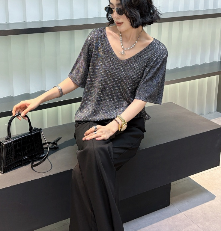 スパンコールVネックルーズ半袖ラインストーンニット | 詳細画像8