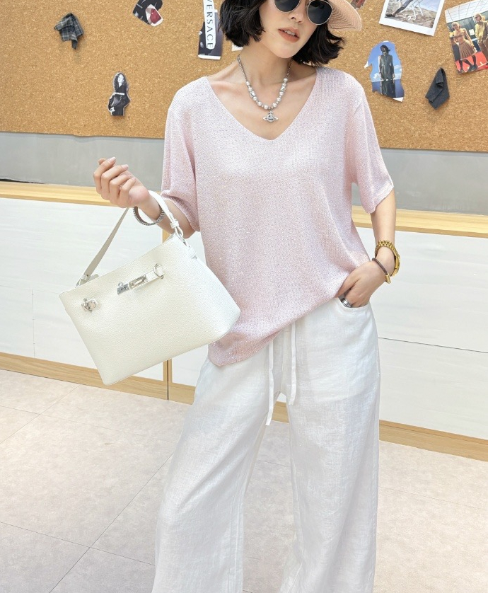 スパンコールVネックルーズ半袖ラインストーンニット | 詳細画像5