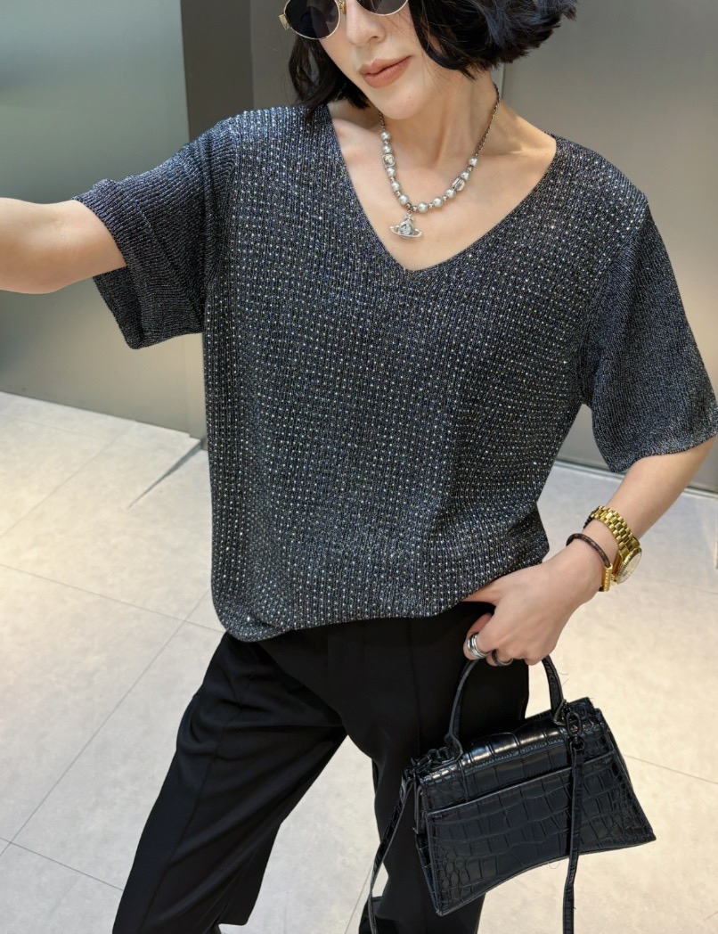 スパンコールVネックルーズ半袖ラインストーンニット | 詳細画像2