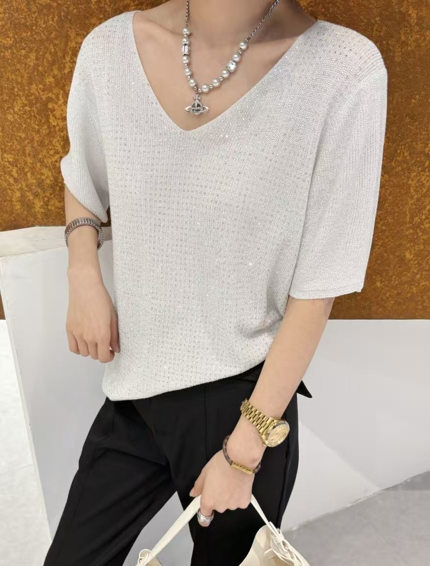 スパンコールVネックルーズ半袖ラインストーンニット | 詳細画像7