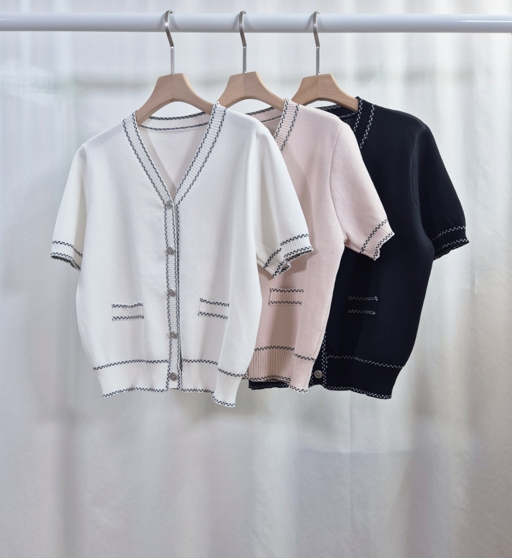 Vネックラインステッチ半袖フェイクポケットカーディガン | 詳細画像9