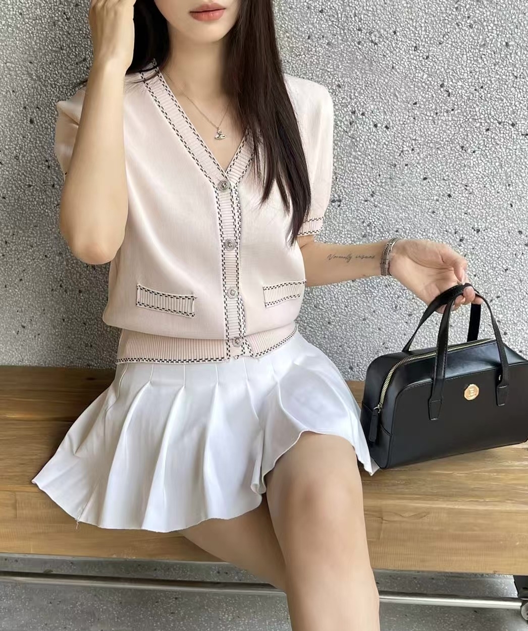 Vネックラインステッチ半袖フェイクポケットカーディガン | 詳細画像5