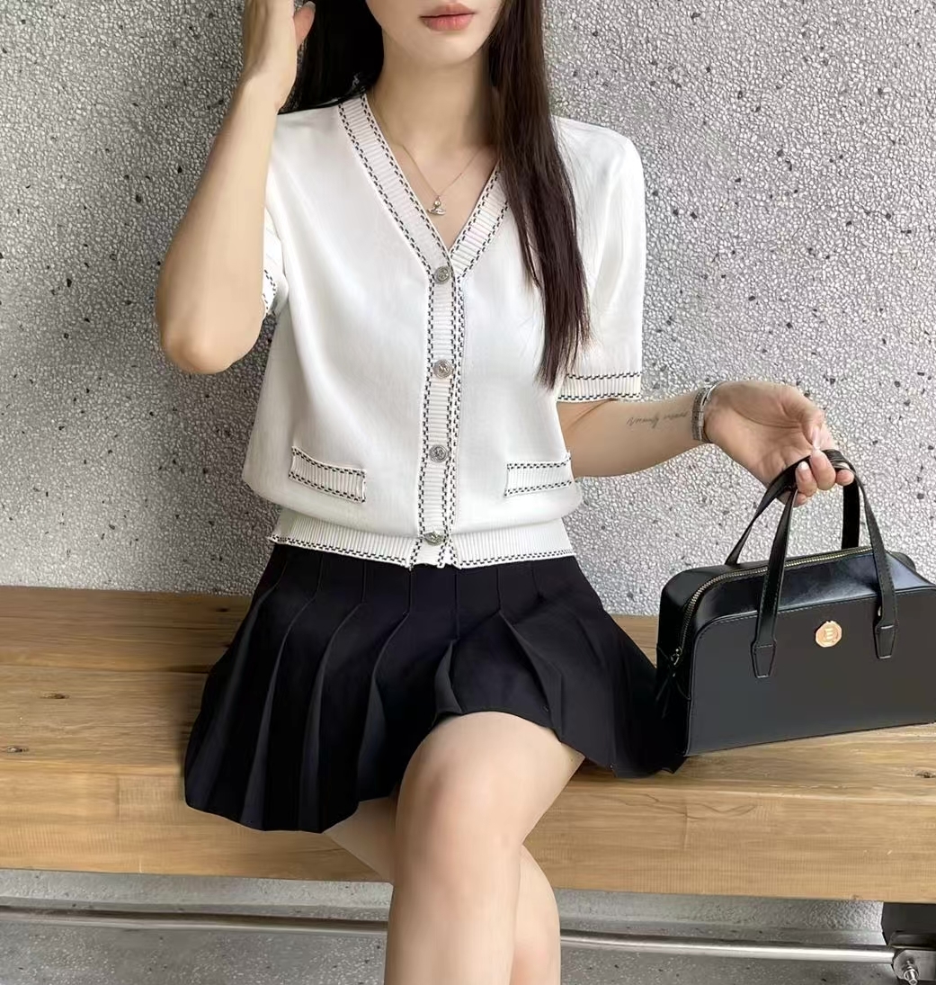 Vネックラインステッチ半袖フェイクポケットカーディガン | 詳細画像3