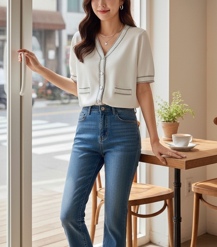 Vネックラインステッチ半袖フェイクポケットカーディガン | 詳細画像8