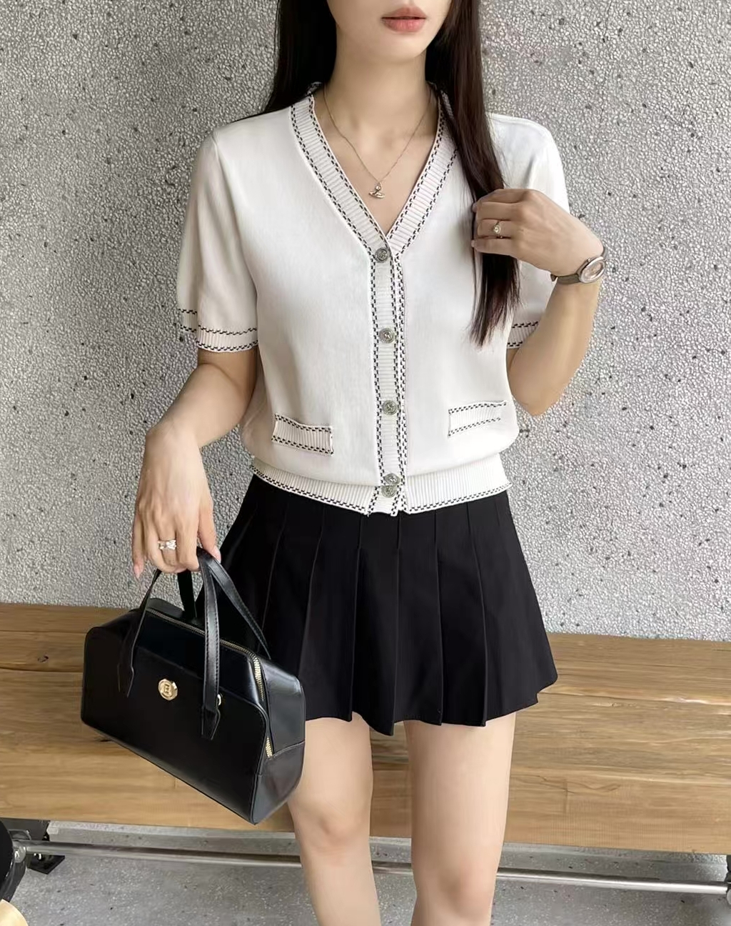 Vネックラインステッチ半袖フェイクポケットカーディガン | 詳細画像7