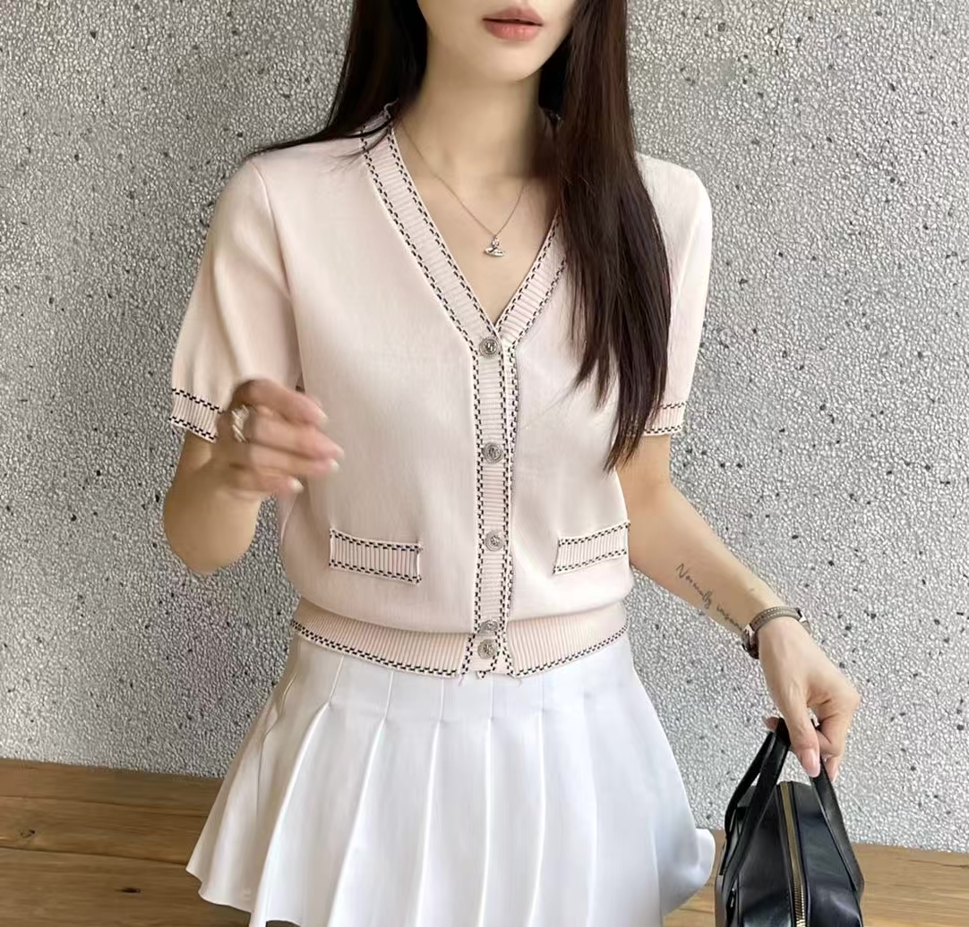 Vネックラインステッチ半袖フェイクポケットカーディガン | 詳細画像2