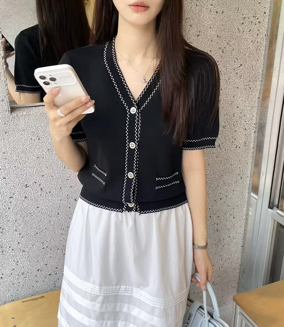 Vネックラインステッチ半袖フェイクポケットカーディガン | 詳細画像4