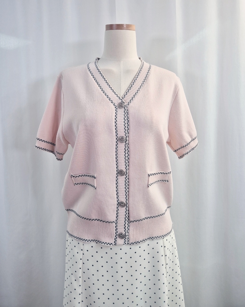 Vネックラインステッチ半袖フェイクポケットカーディガン | 詳細画像14