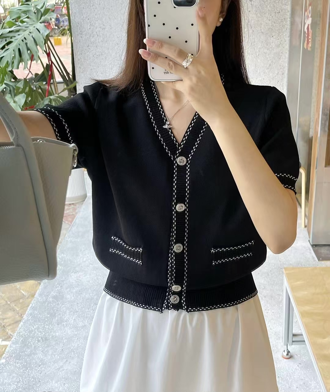 Vネックラインステッチ半袖フェイクポケットカーディガン | 詳細画像6