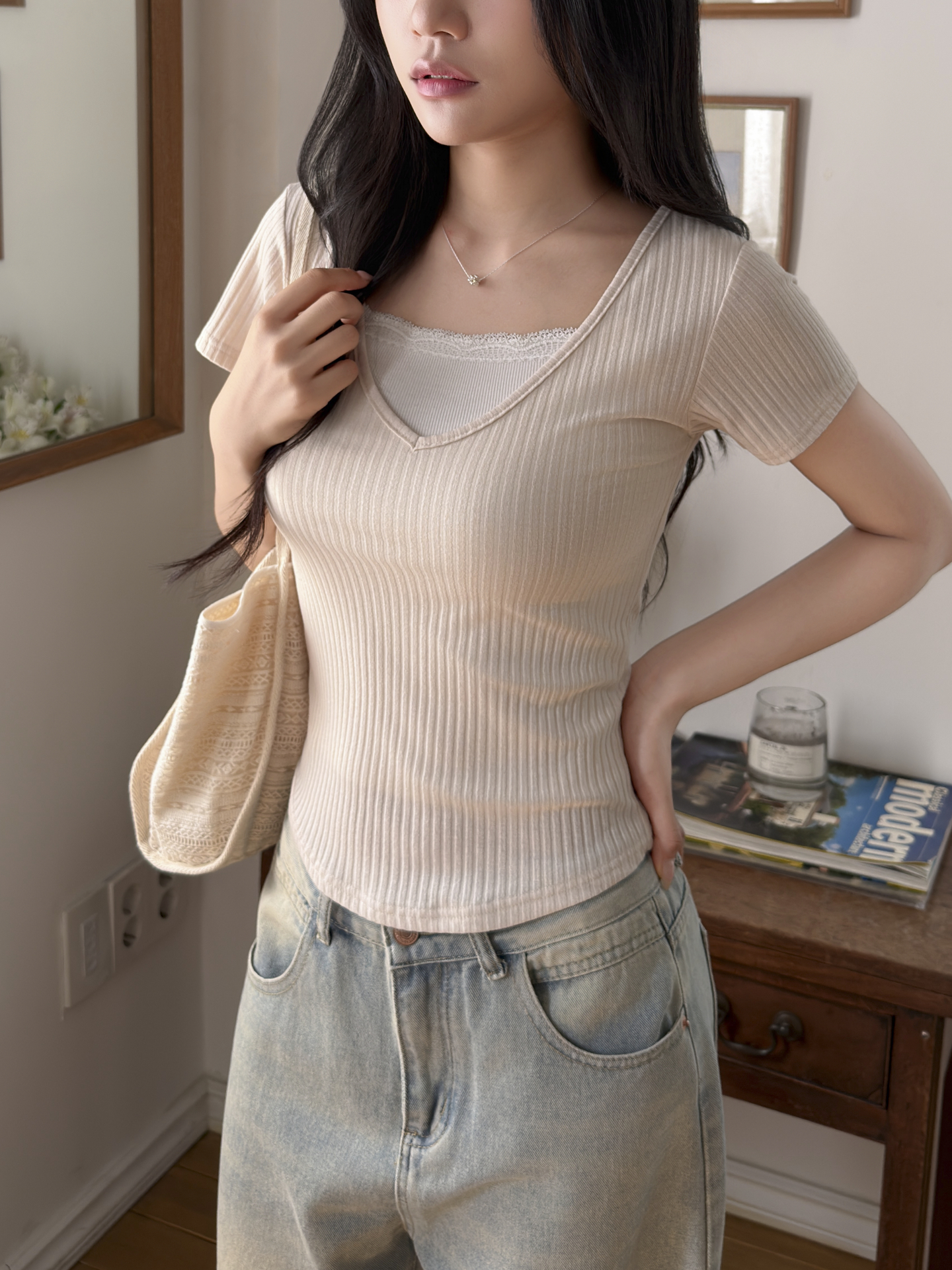 リブVネックスリム半袖Tシャツ | 詳細画像2