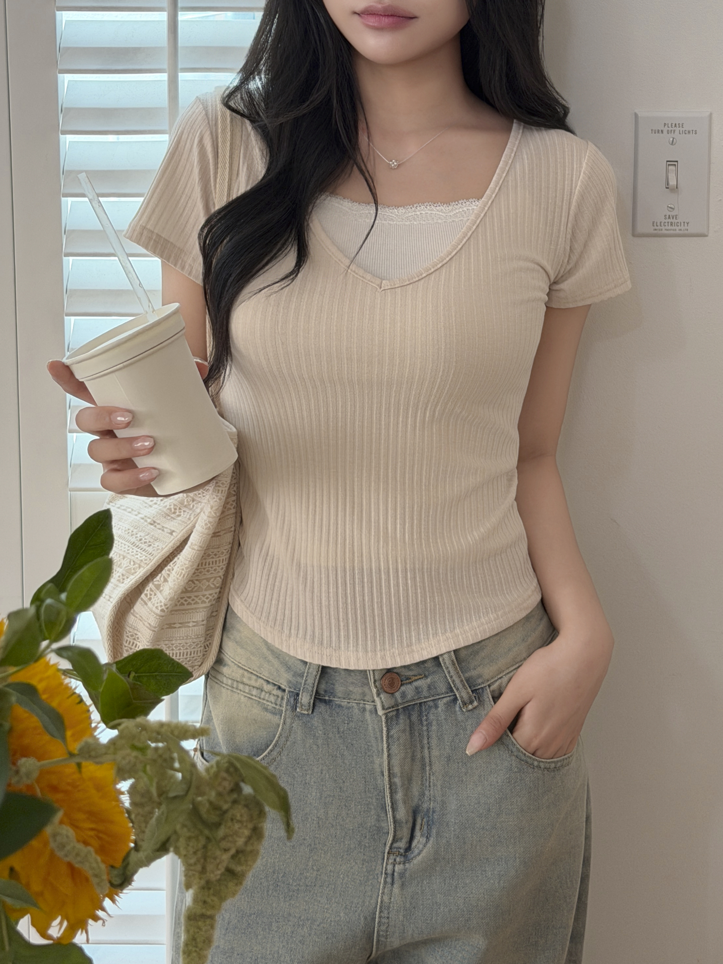 リブVネックスリム半袖Tシャツ | 詳細画像12