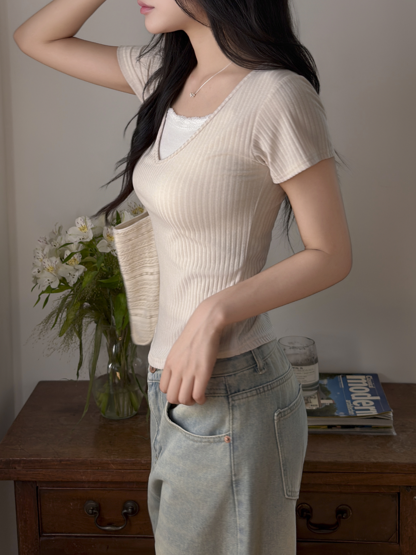 リブVネックスリム半袖Tシャツ | 詳細画像4