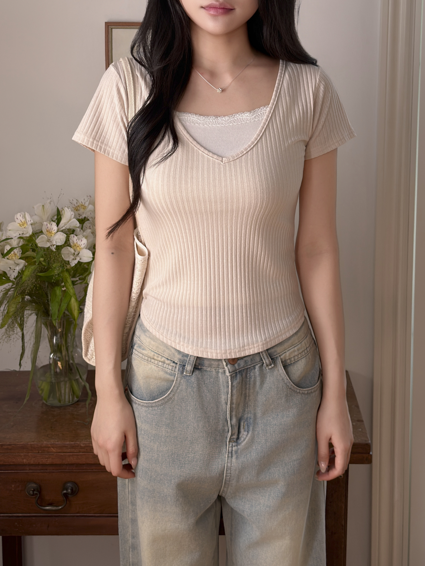 リブVネックスリム半袖Tシャツ | 詳細画像7