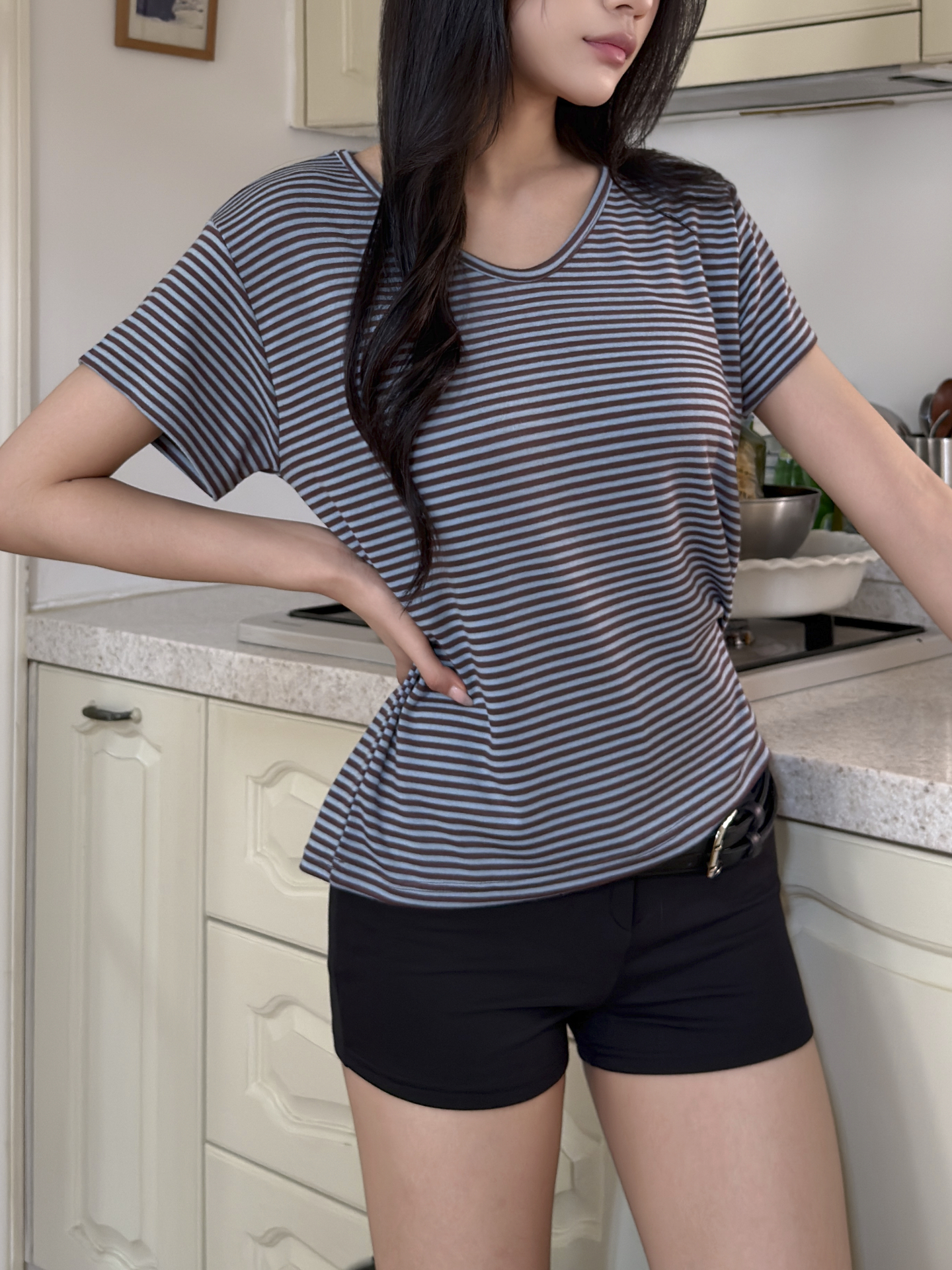 Vネックルーズ半袖ボーダーTシャツ | 詳細画像7