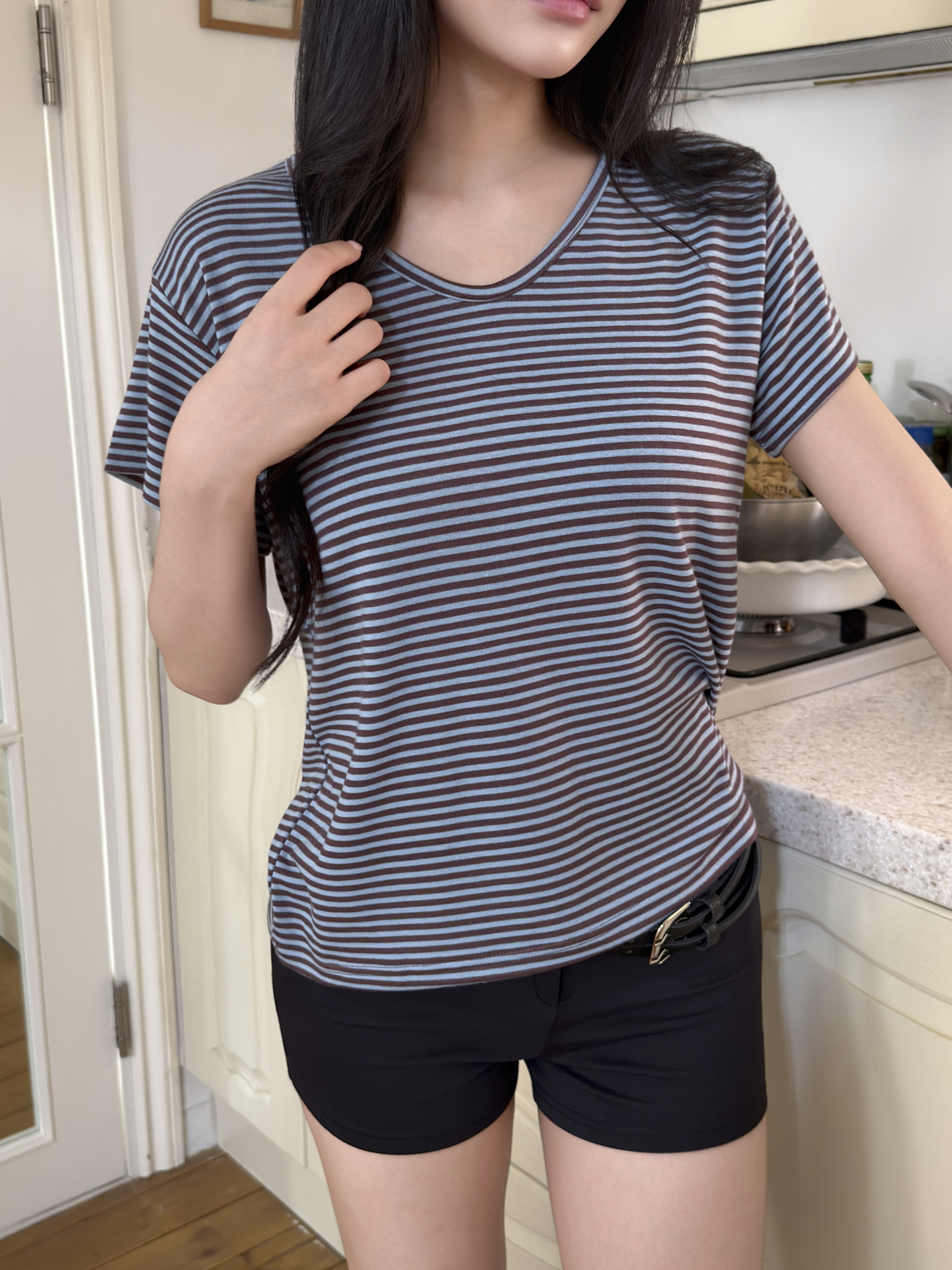 Vネックルーズ半袖ボーダーTシャツ | 詳細画像10