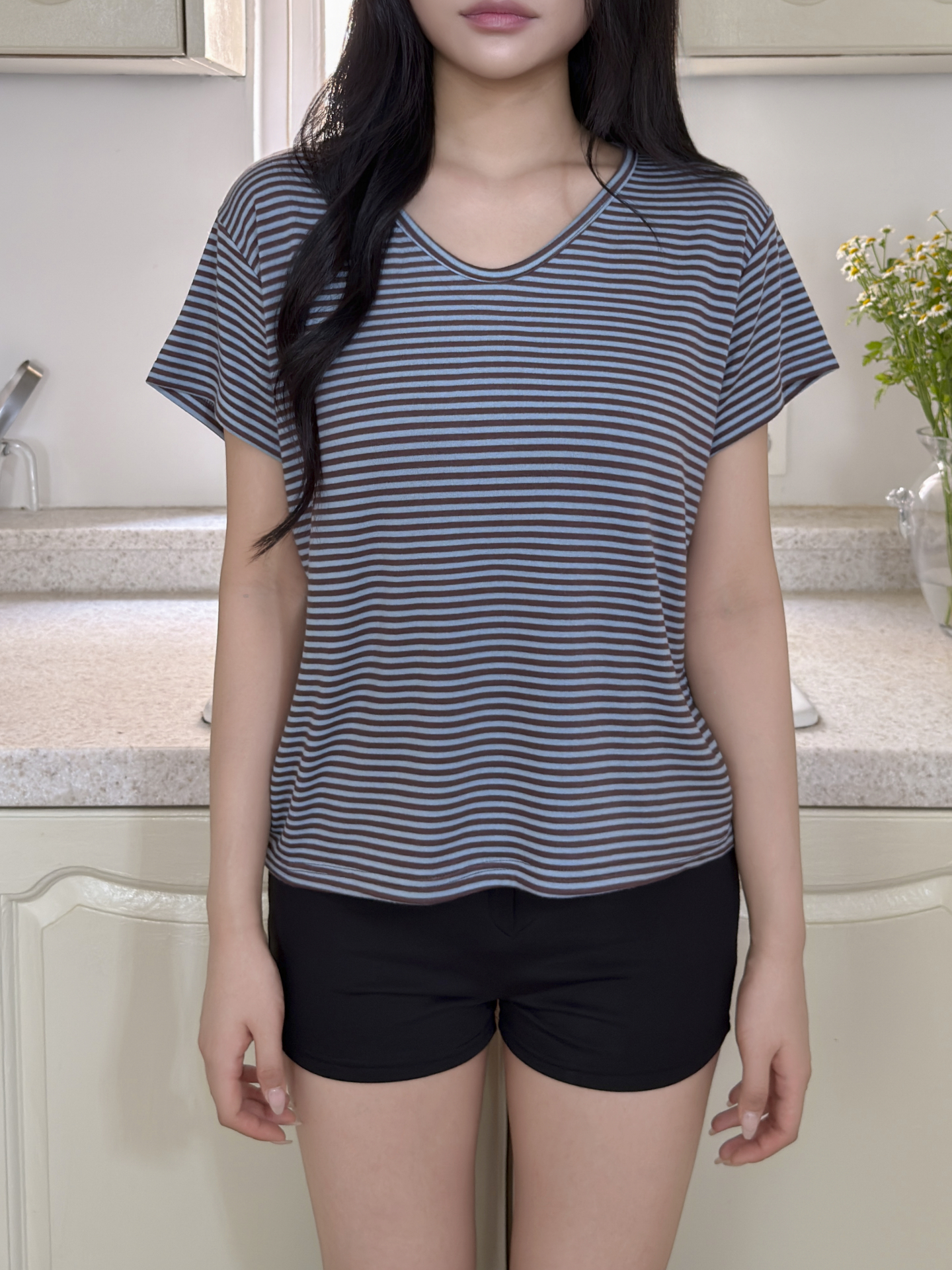 Vネックルーズ半袖ボーダーTシャツ | 詳細画像14