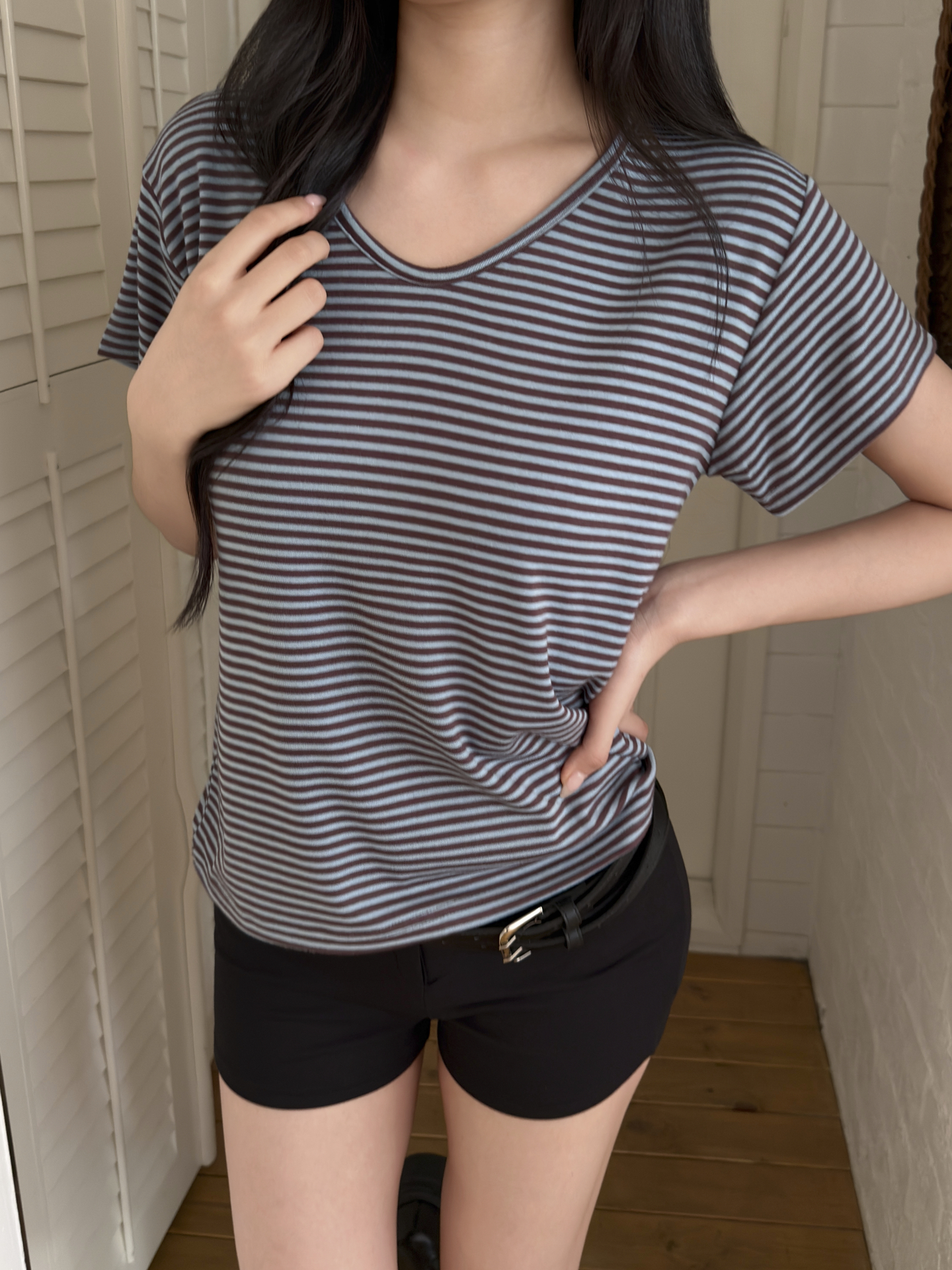 Vネックルーズ半袖ボーダーTシャツ | 詳細画像15