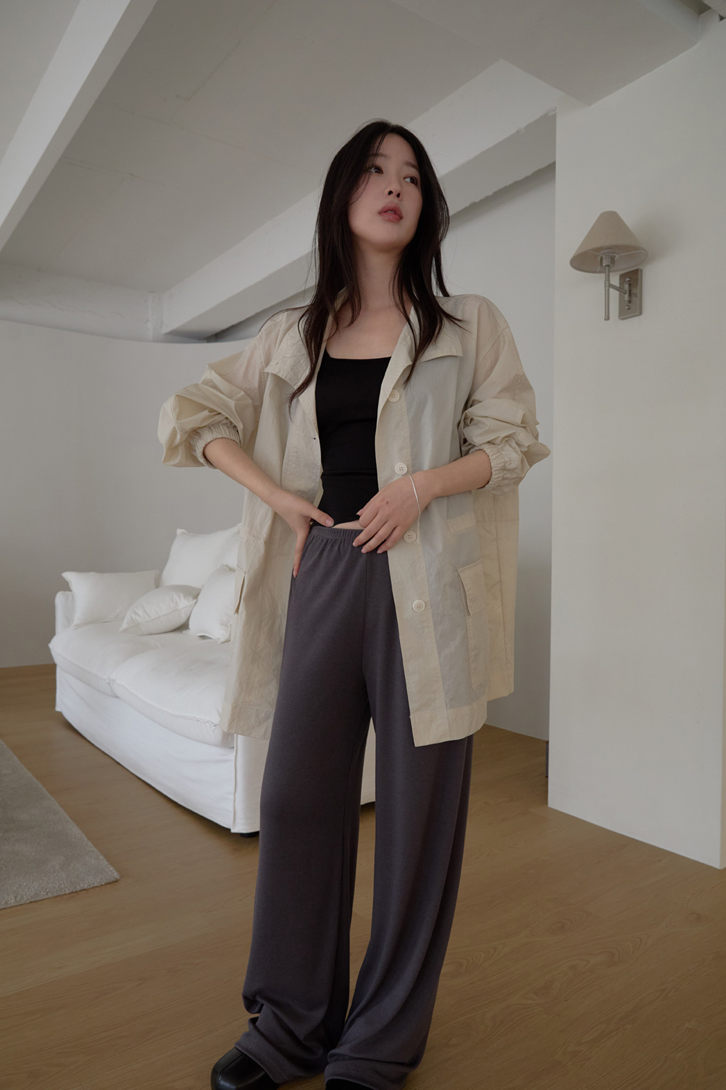 ストレッチベロアナイロンゴムロング無地パンツSS秋 | 詳細画像7