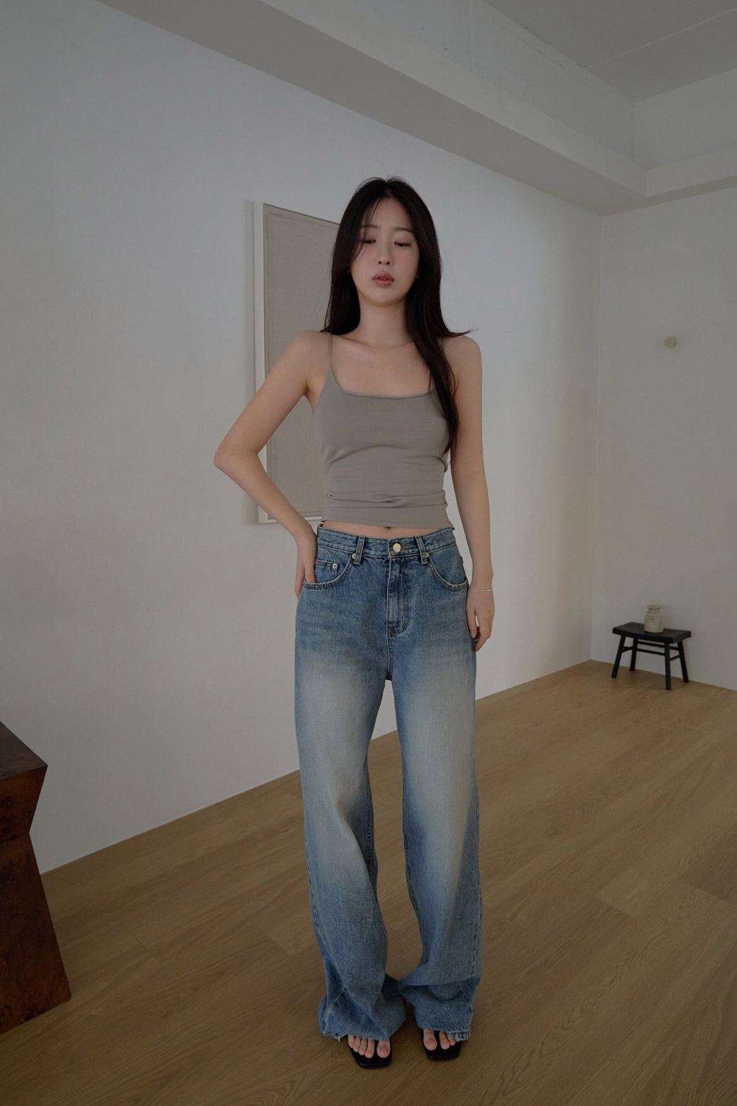 コットンウォッシングビンテージワイド無地デニムパンツオールシーズン | 詳細画像3