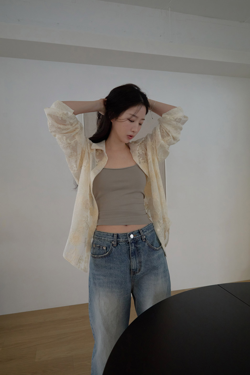 コットンウォッシングビンテージワイド無地デニムパンツオールシーズン | 詳細画像7