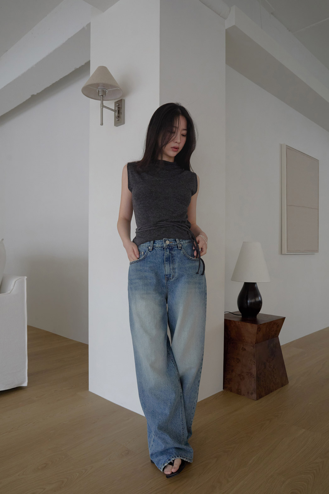 コットンウォッシングビンテージワイド無地デニムパンツオールシーズン | 詳細画像14