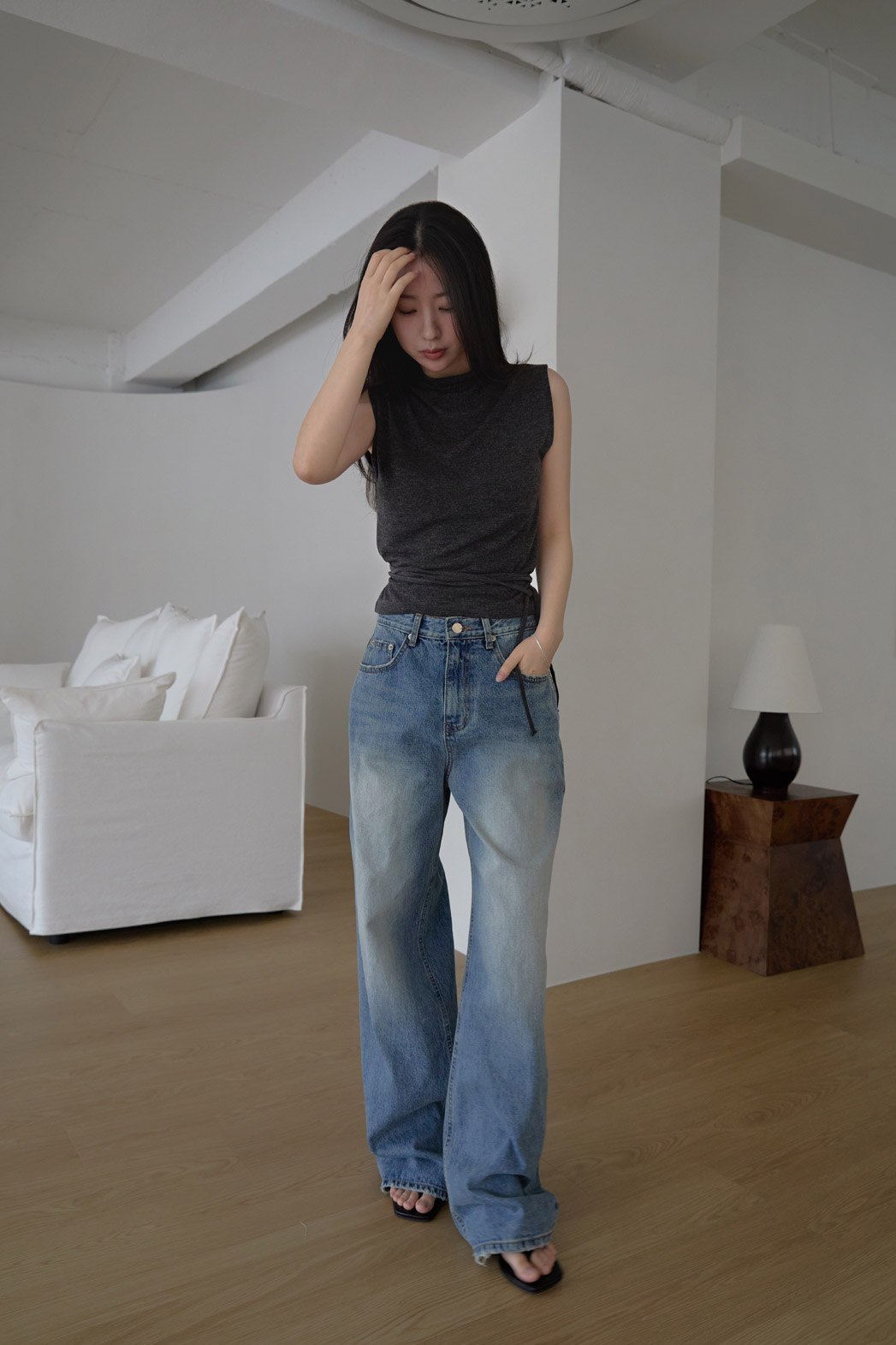 コットンウォッシングビンテージワイド無地デニムパンツオールシーズン | 詳細画像17