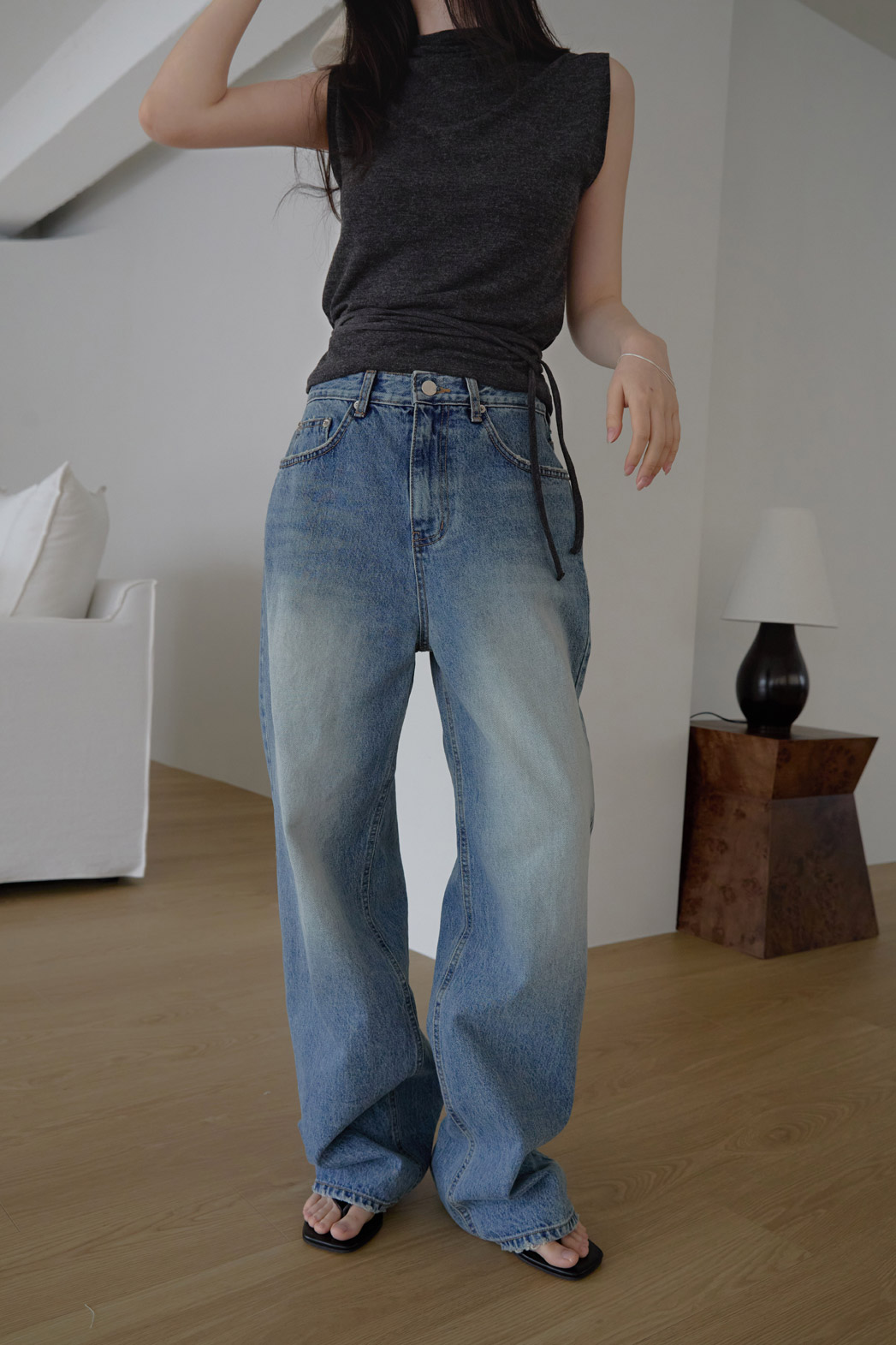 コットンウォッシングビンテージワイド無地デニムパンツオールシーズン | 詳細画像19
