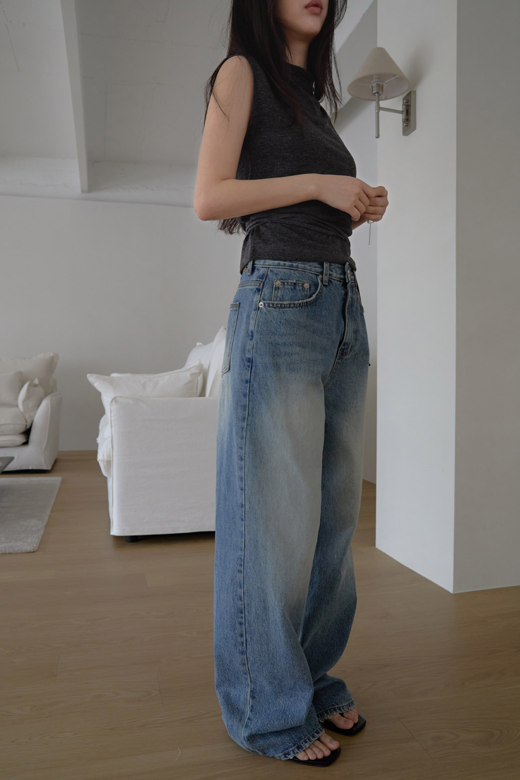 コットンウォッシングビンテージワイド無地デニムパンツオールシーズン | 詳細画像20