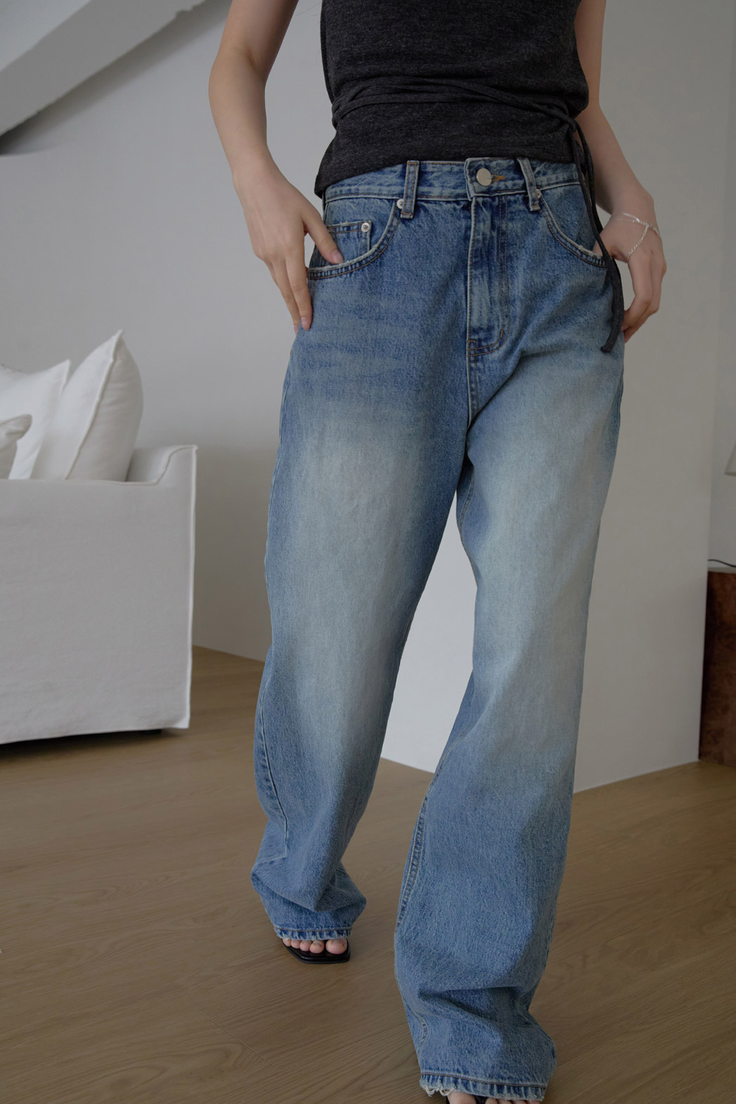 コットンウォッシングビンテージワイド無地デニムパンツオールシーズン | 詳細画像22