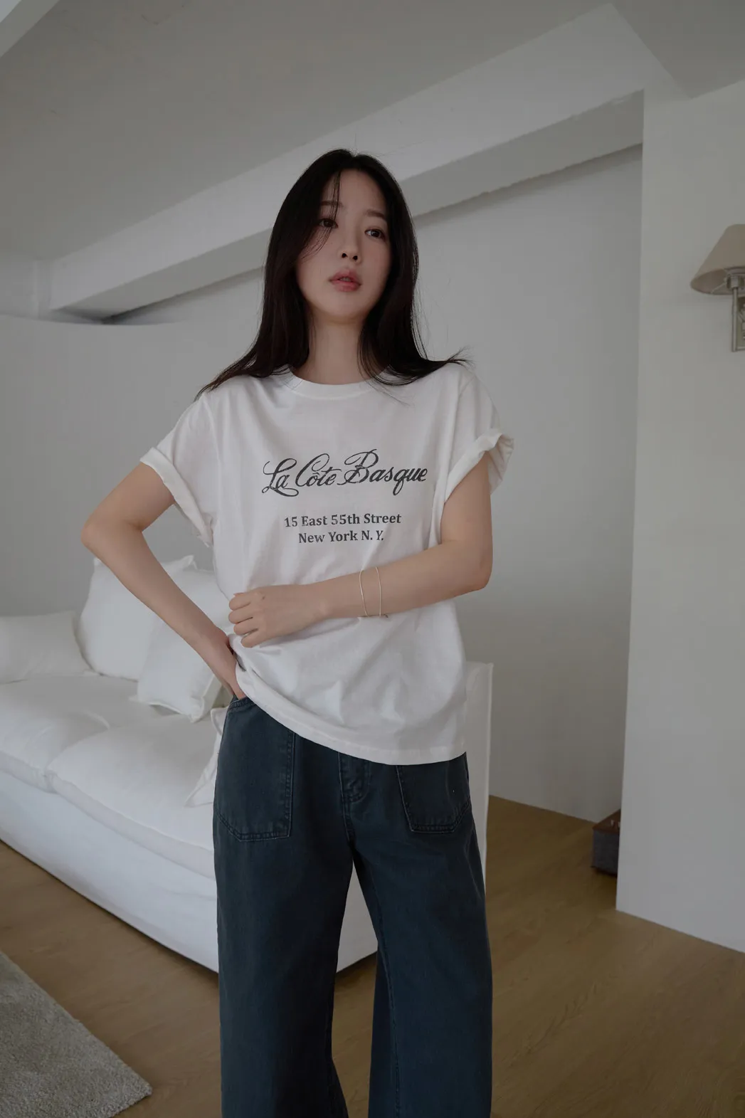 コットンラウンドネックベーシックプリントTシャツオールシーズン | 詳細画像1