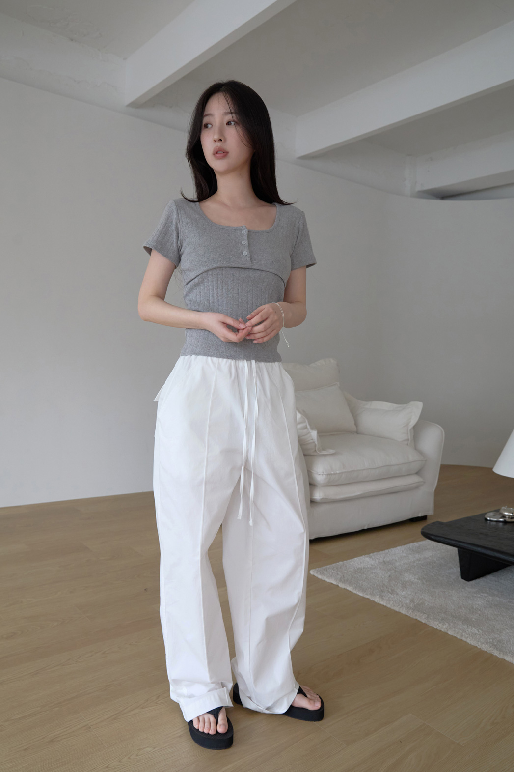 コットンスクエアネックUネックスリム花柄Tシャツオールシーズン | 詳細画像2