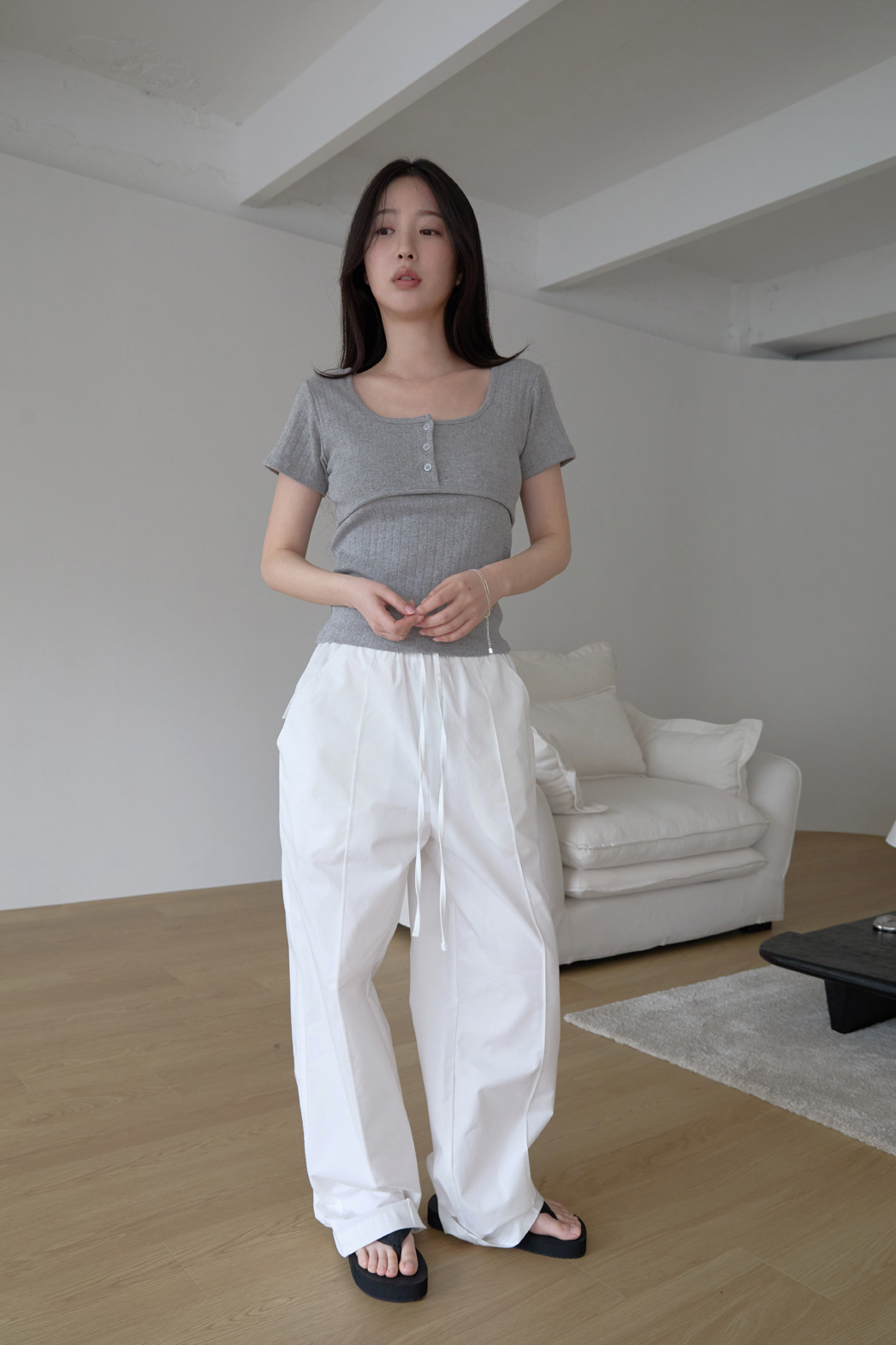 コットンスクエアネックUネックスリム花柄Tシャツオールシーズン | 詳細画像3