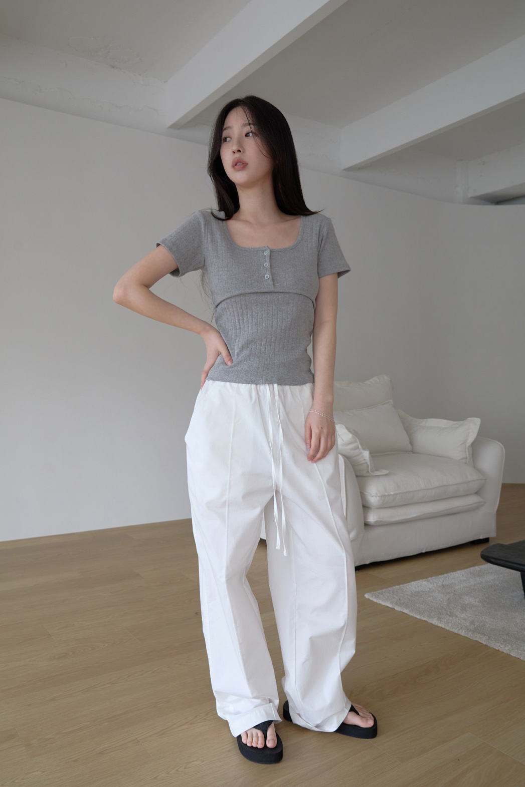 コットンスクエアネックUネックスリム花柄Tシャツオールシーズン | 詳細画像4