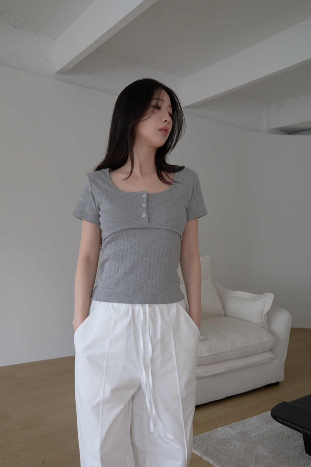 コットンスクエアネックUネックスリム花柄Tシャツオールシーズン | 詳細画像5