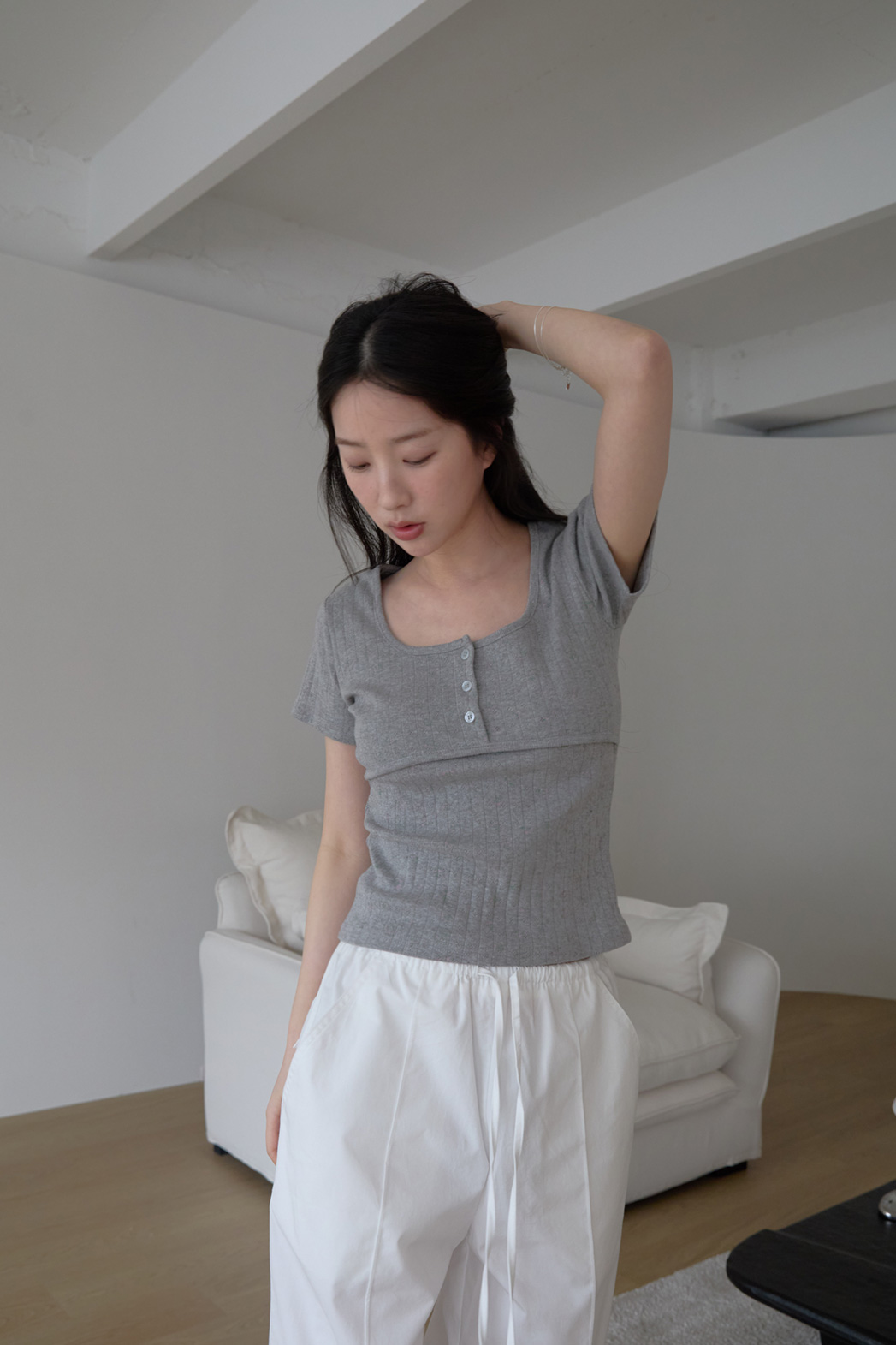 コットンスクエアネックUネックスリム花柄Tシャツオールシーズン | 詳細画像6