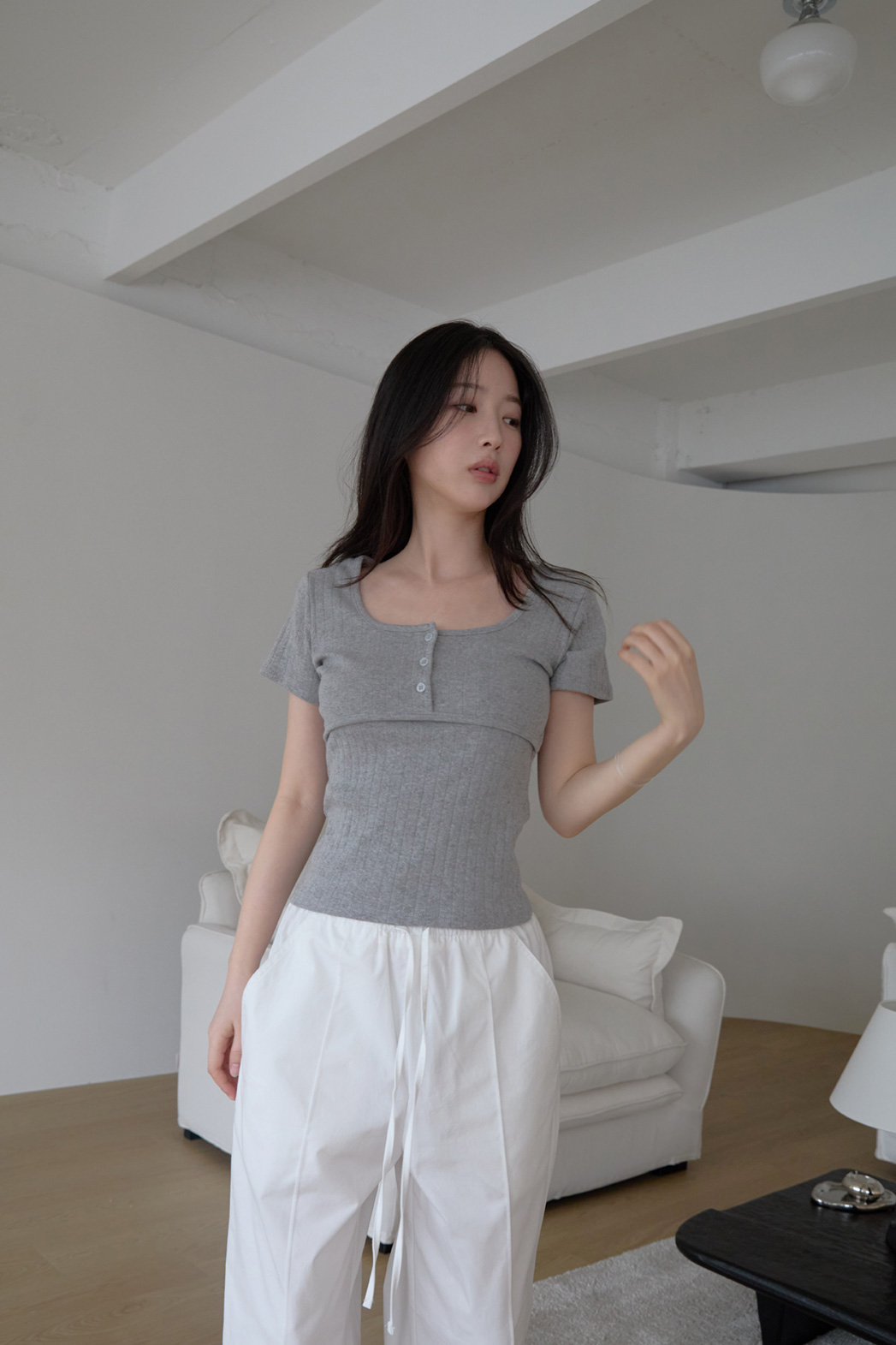 コットンスクエアネックUネックスリム花柄Tシャツオールシーズン | 詳細画像7