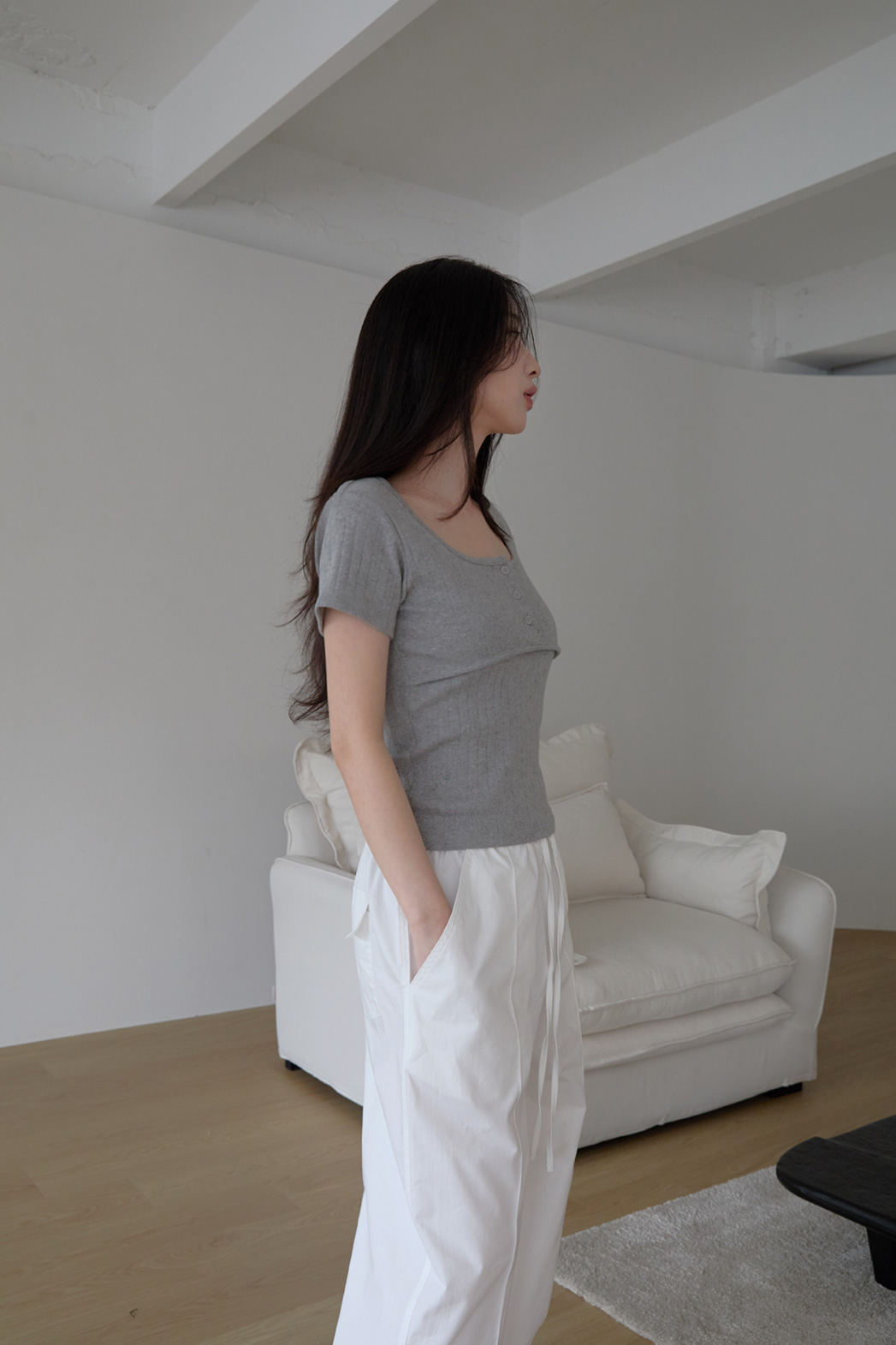 コットンスクエアネックUネックスリム花柄Tシャツオールシーズン | 詳細画像8