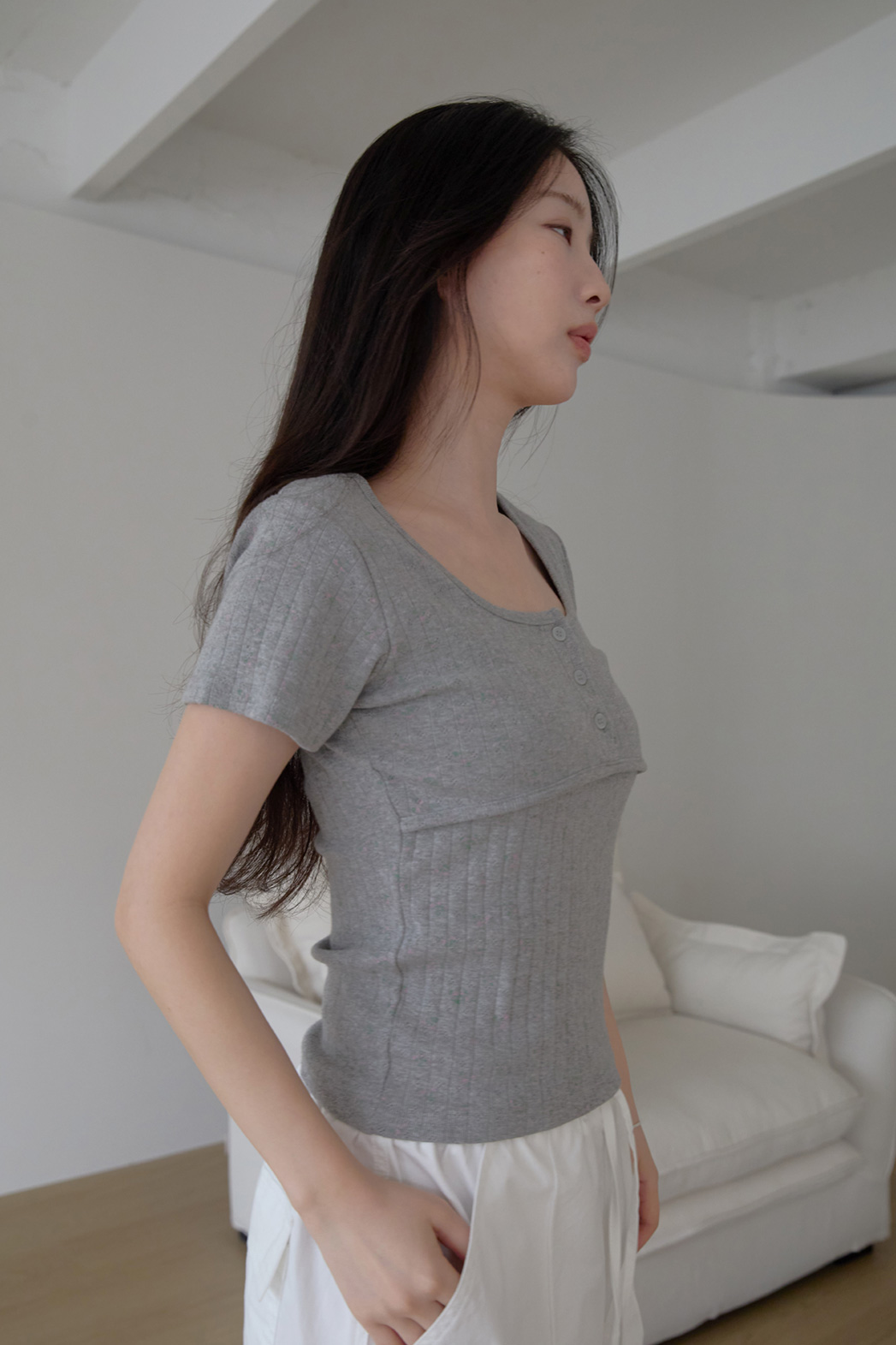 コットンスクエアネックUネックスリム花柄Tシャツオールシーズン | 詳細画像10